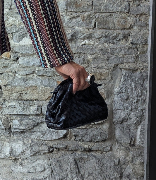 Woven Vegan Leather Clam Bag - BLACK