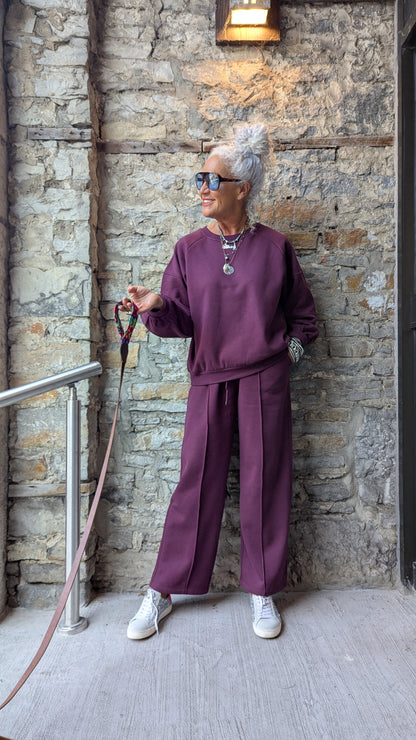 Wide Leg Cotton Lounge Pants - Burgundy