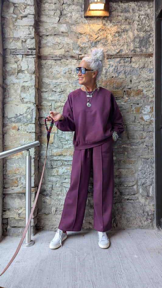 Wide Leg Cotton Lounge Pants - Burgundy