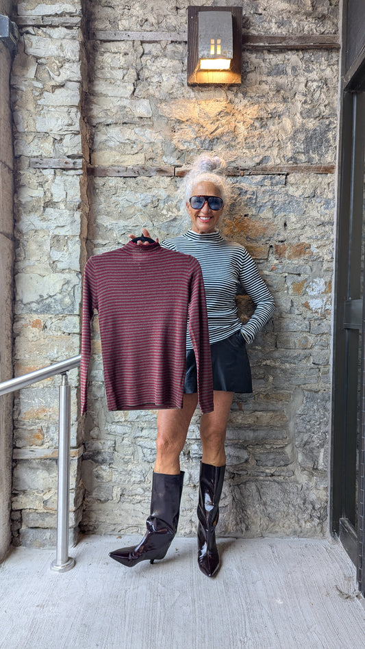 Red & Grey Striped Mock Neck Sweater