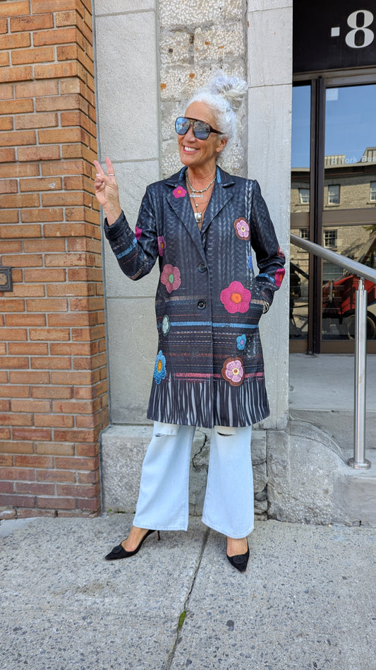 3/4 Length Black Coat with Multicolour Detail