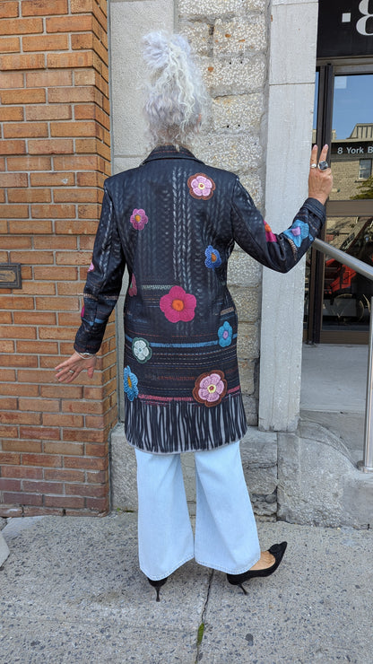 3/4 Length Black Coat with Multicolour Detail