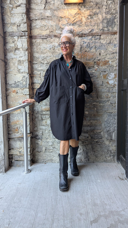 Oversized Black Cotton Shirt Dress with Pockets