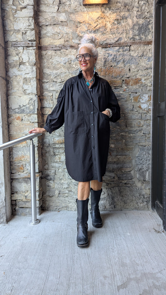 Oversized Black Cotton Shirt Dress with Pockets