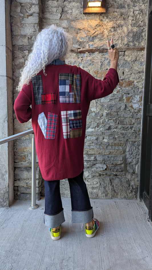 100Cotton Knit Cardigan with plaid LOVE- BURGUNDY