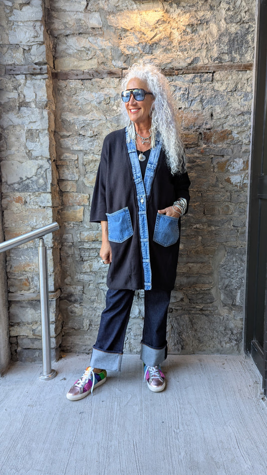 100Cotton Knit Cardigan with plaid LOVE- BLACK