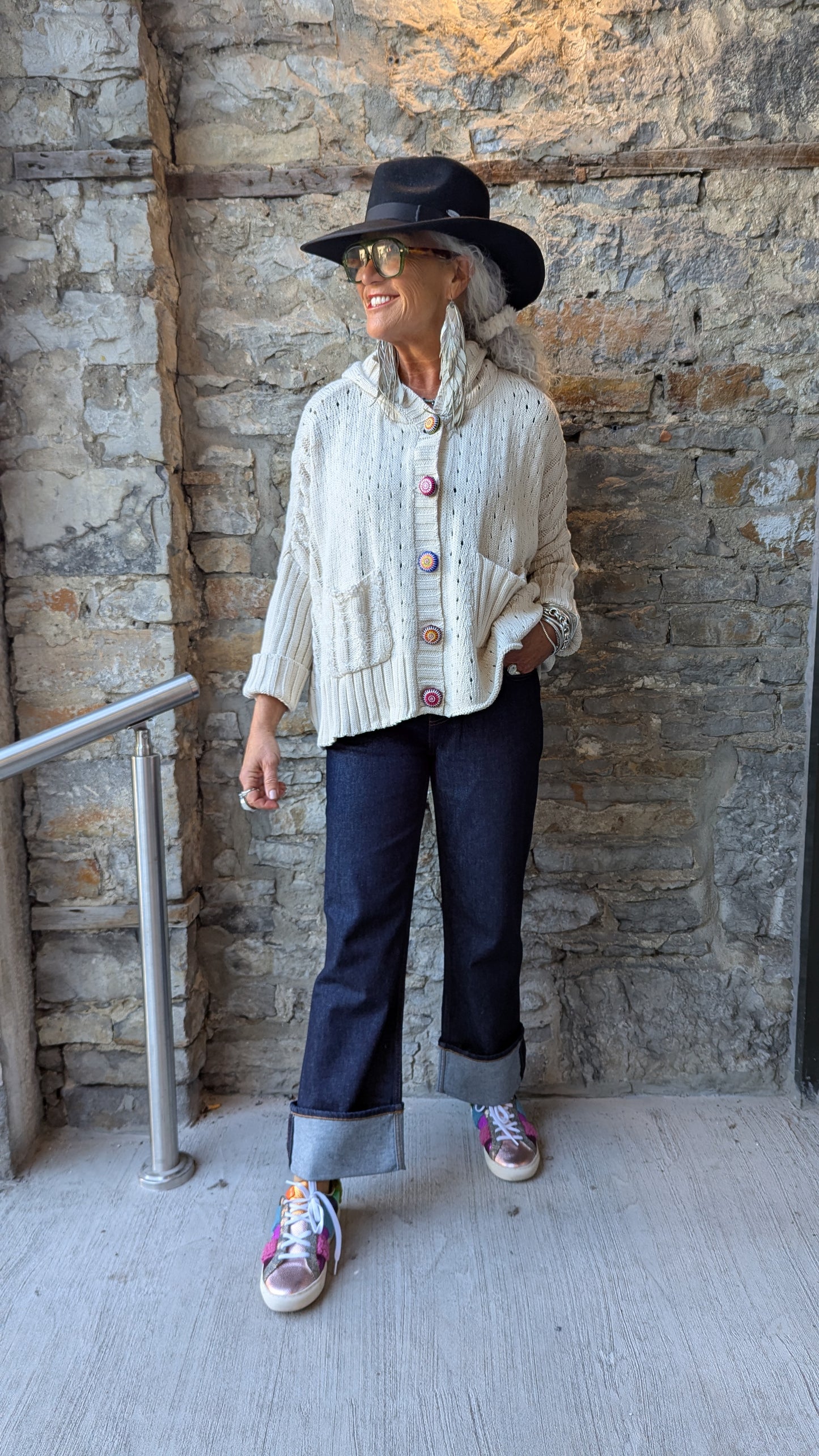 100% Cotton hoody cardigan with bright coloured buttons- BEIGE