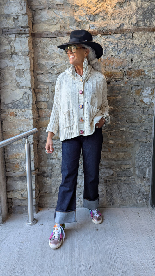 100% Cotton hoody cardigan with bright coloured buttons- BEIGE