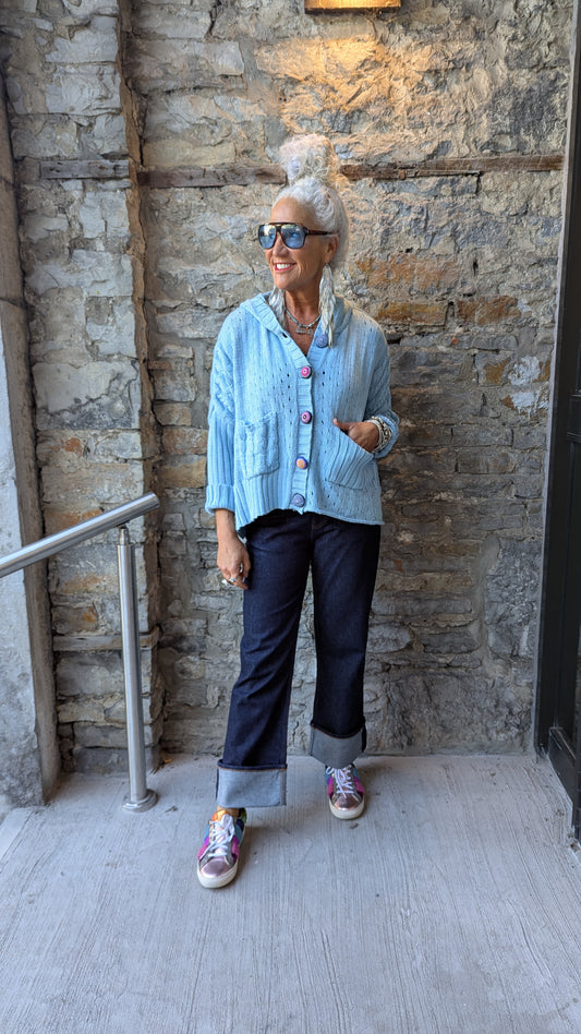 100% Cotton hoody cardigan with bright coloured buttons- ICE BLUE