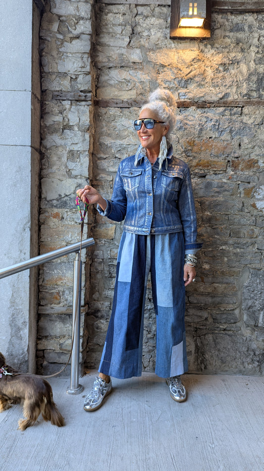 One SIze Wide Leg Mixed Denim Patchwork Jeans