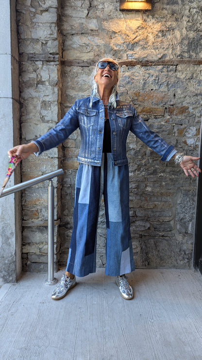 One SIze Wide Leg Mixed Denim Patchwork Jeans