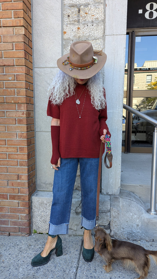 Crew Neck Sweater with fingerless sleeve- RUST