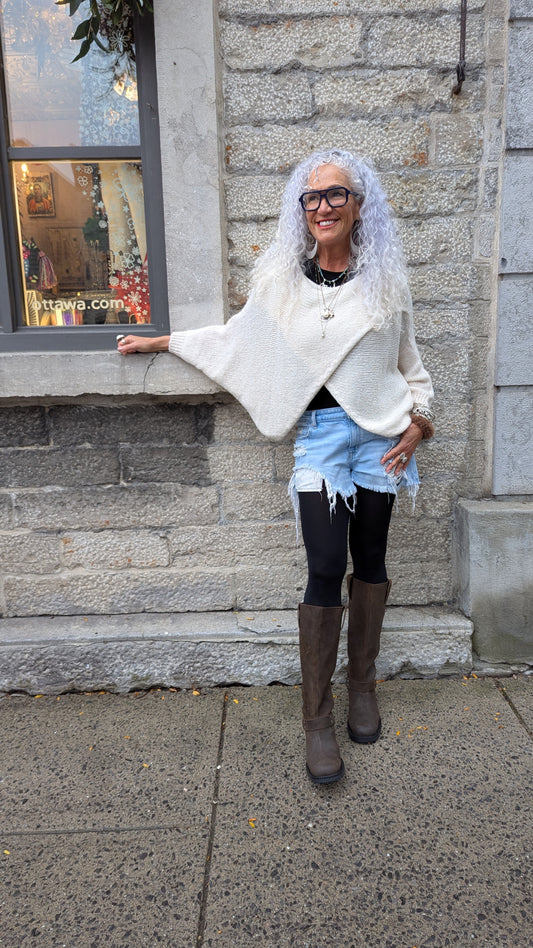 Wide Neck Cross Front Oversized Knit Sweater- IVORY