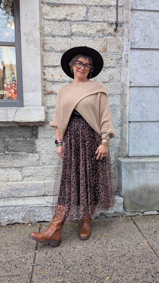 Wide Neck Cross Front Oversized Knit Sweater- TAN