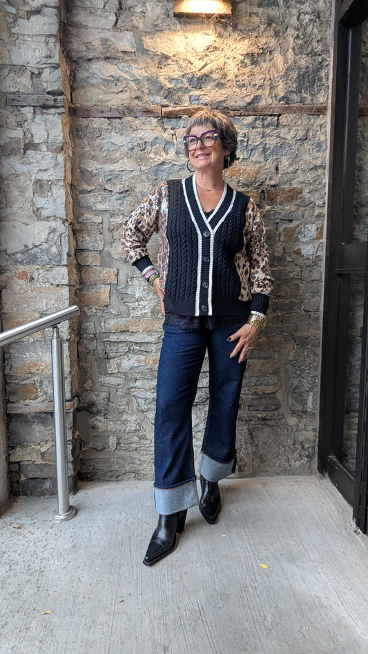 Cable Knit Cardigan with Sequin Animal Print Sleeves