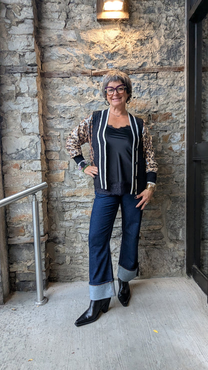 Cable Knit Cardigan with Sequin Animal Print Sleeves