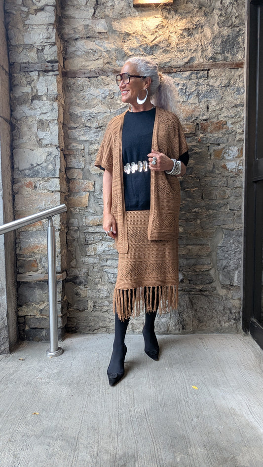 Tan Midi Length Crochet Fringed Dress