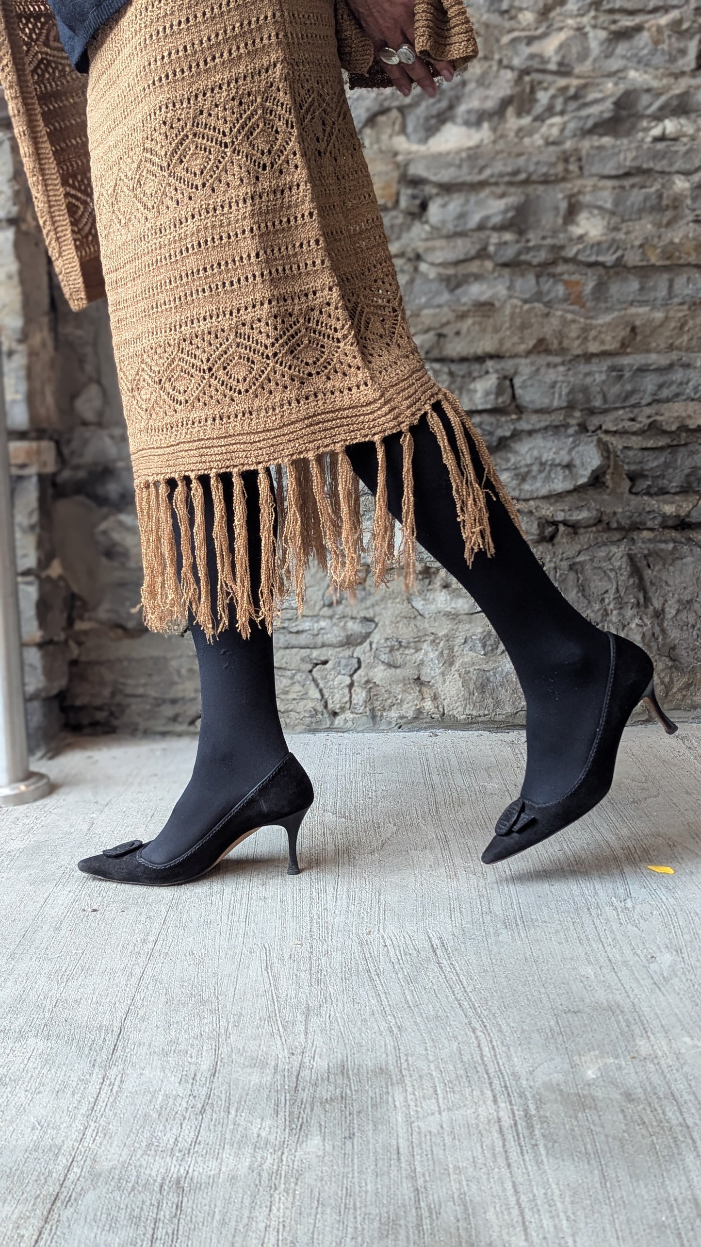 Tan Midi Length Crochet Fringed Dress