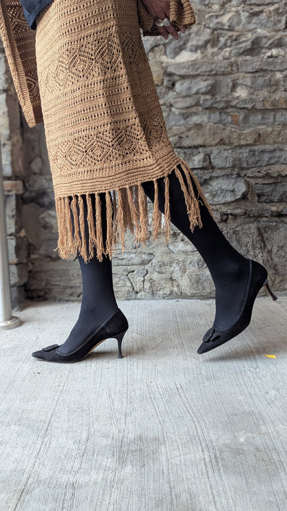 Tan Midi Length Crochet Fringed Dress
