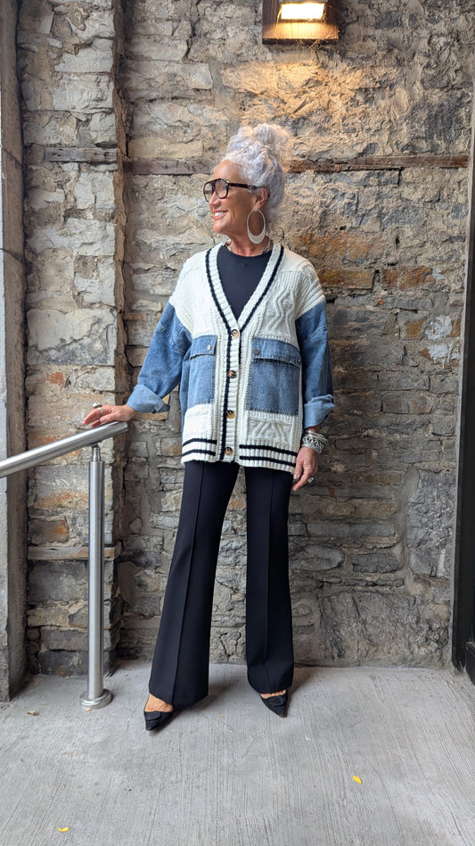 Oversized Ivory Cable Cardigan with Denim Sleeves