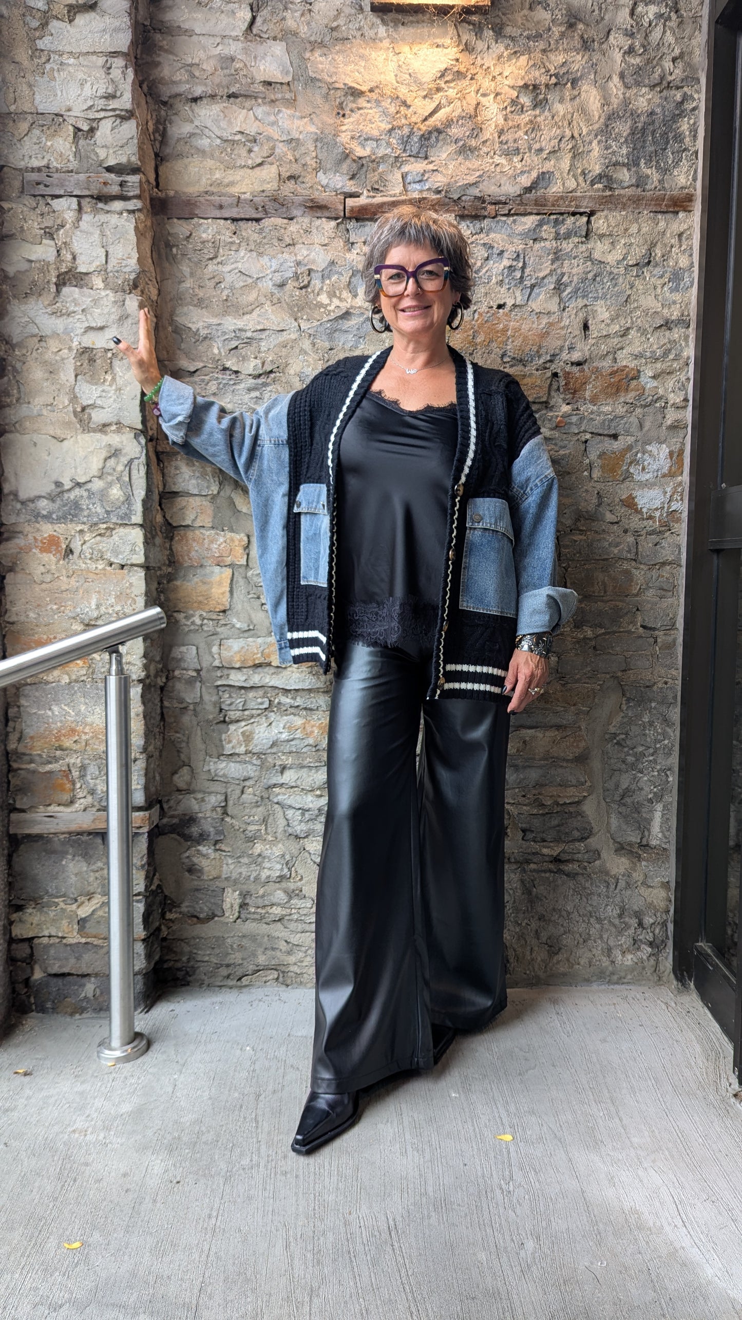 Oversized Black Cable Cardigan with Denim Sleeves