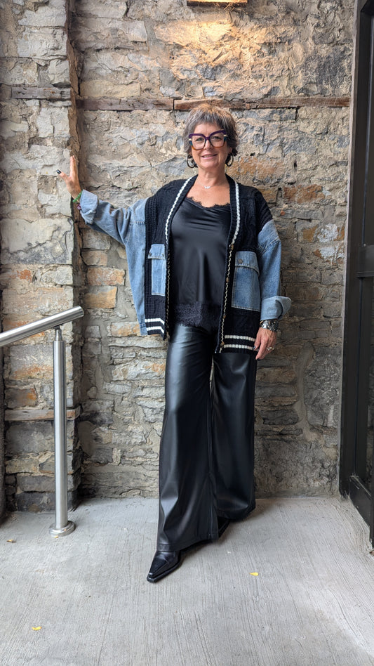Oversized Black Cable Cardigan with Denim Sleeves