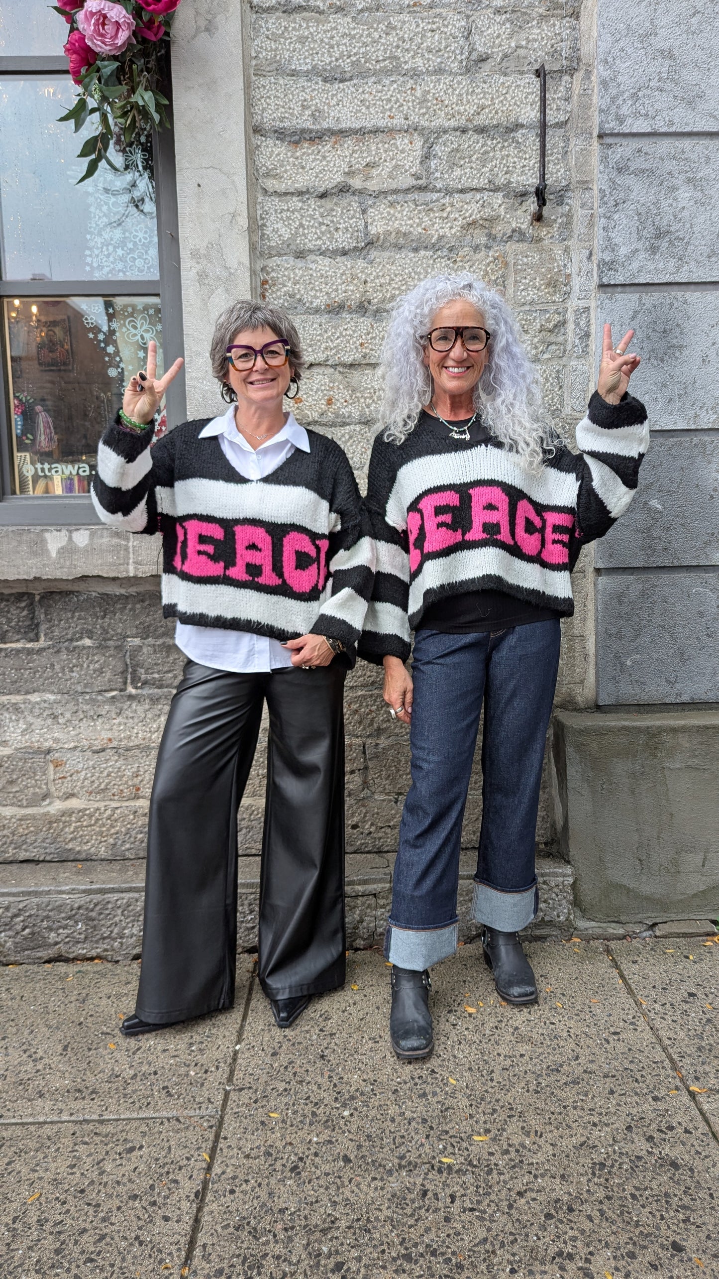 Black and White Stripe V neck Sweater with Peace HOT PINK