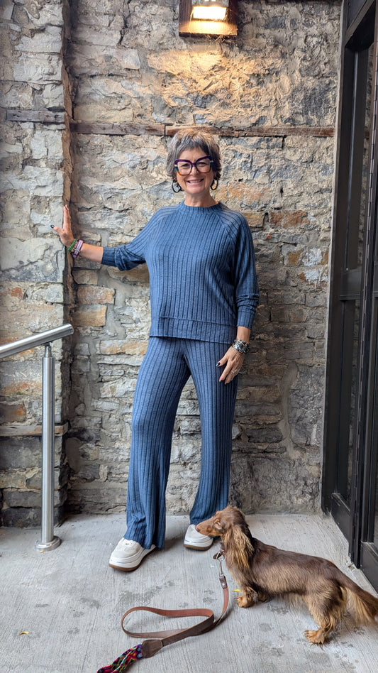 Relaxed Lightweight Raglan Sleeve Crew Neck and Wide Leg Pant 2pc SET - BLUE