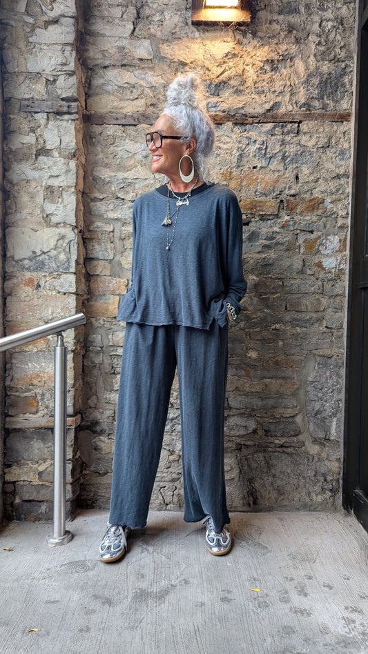 100% Cotton V-neck Relaxed Fit Top and Wide Leg Pant 2pc SET- PEACOCK BLUE