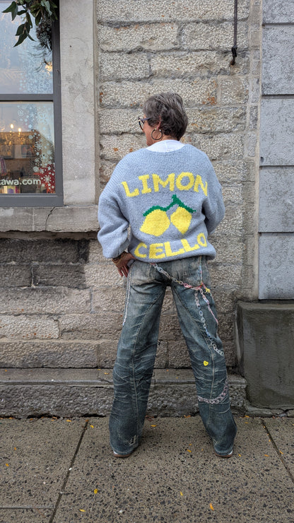 Oversized Knit Cardigan with Lemon Cello Motif- Blue Soft Grey Melange
