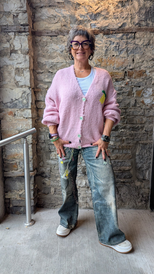 Oversized Knit Cardigan with Lemon Cello Motif- PINK