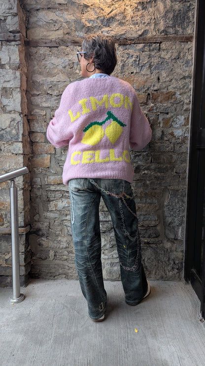 Oversized Knit Cardigan with Lemon Cello Motif- PINK