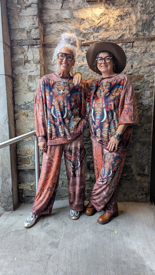 Velour Multicolour Elephant Zen Print Top and Wide Leg Pant 2pc SET