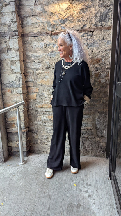 V-neck Sweater and Straight Leg Pant 2pc SET- BLACK and LIGHT TAUPE