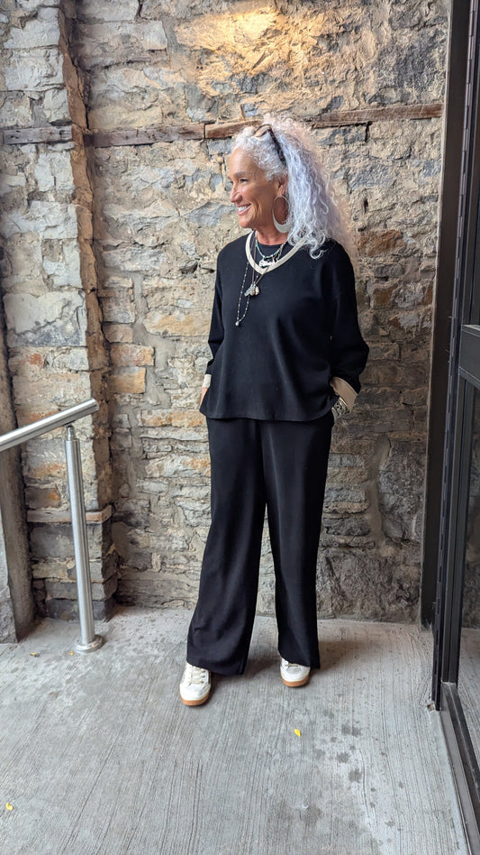 V-neck Sweater and Straight Leg Pant 2pc SET- BLACK and LIGHT TAUPE