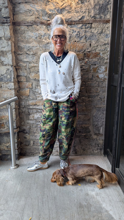 Relaxed Fit Off White Sweater with Silver Metallic Detail