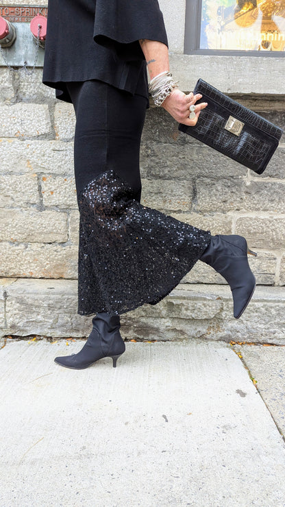 2 pc Knit Set Raglan Sleeve Sweater with Sequin Trim Skirt BLACK