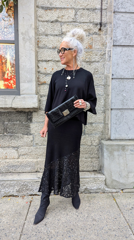 2 pc Knit Set Raglan Sleeve Sweater with Sequin Trim Skirt BLACK