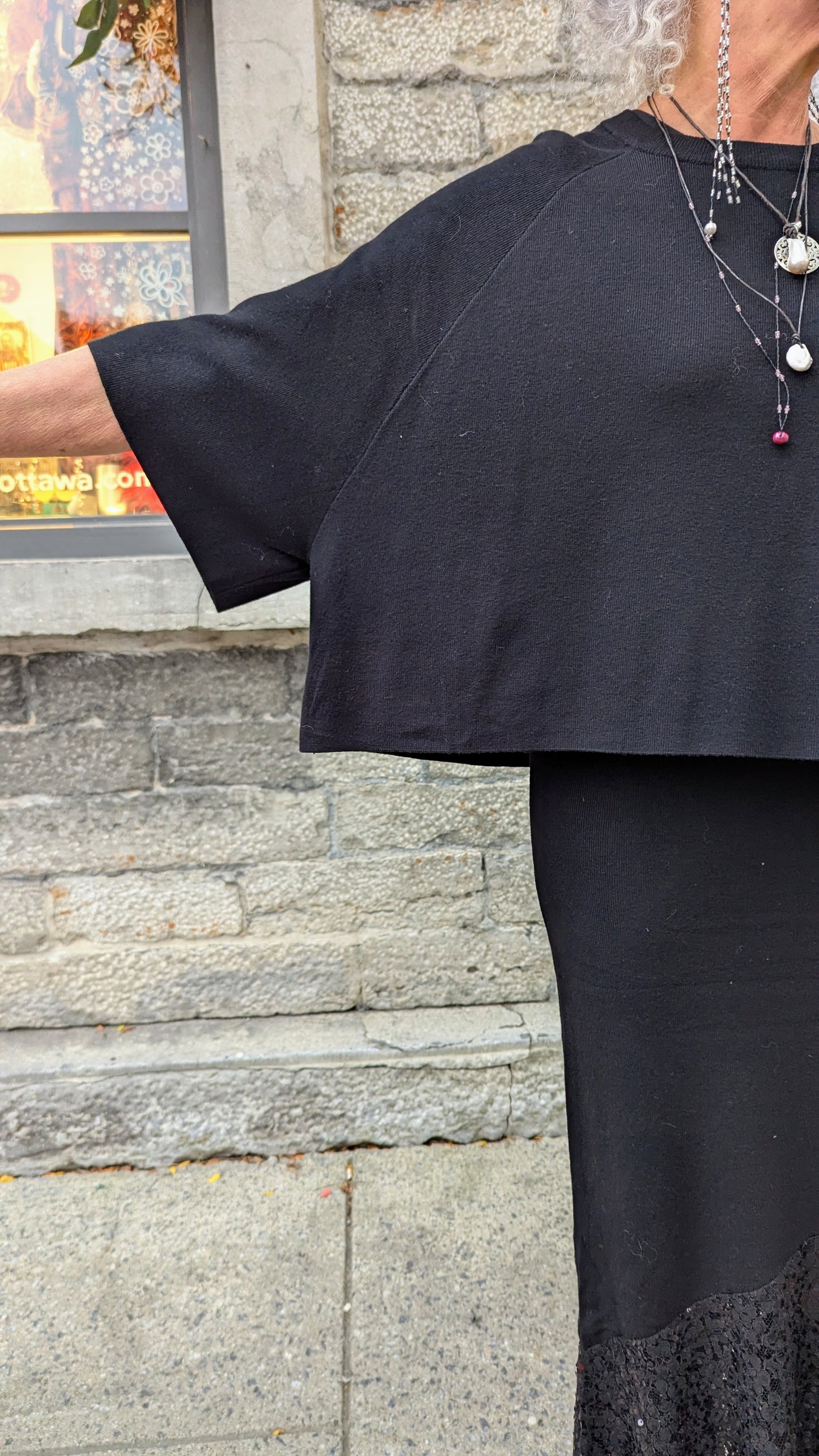 2 pc Knit Set Raglan Sleeve Sweater with Sequin Trim Skirt BLACK