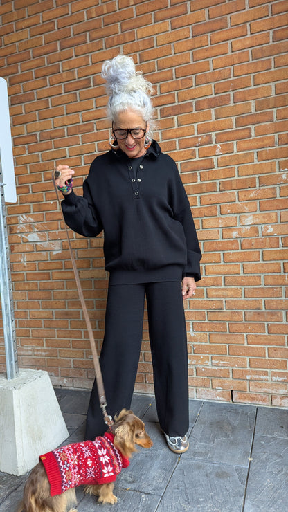 2 pc black knit silver snap detail sweater and wide leg pant set