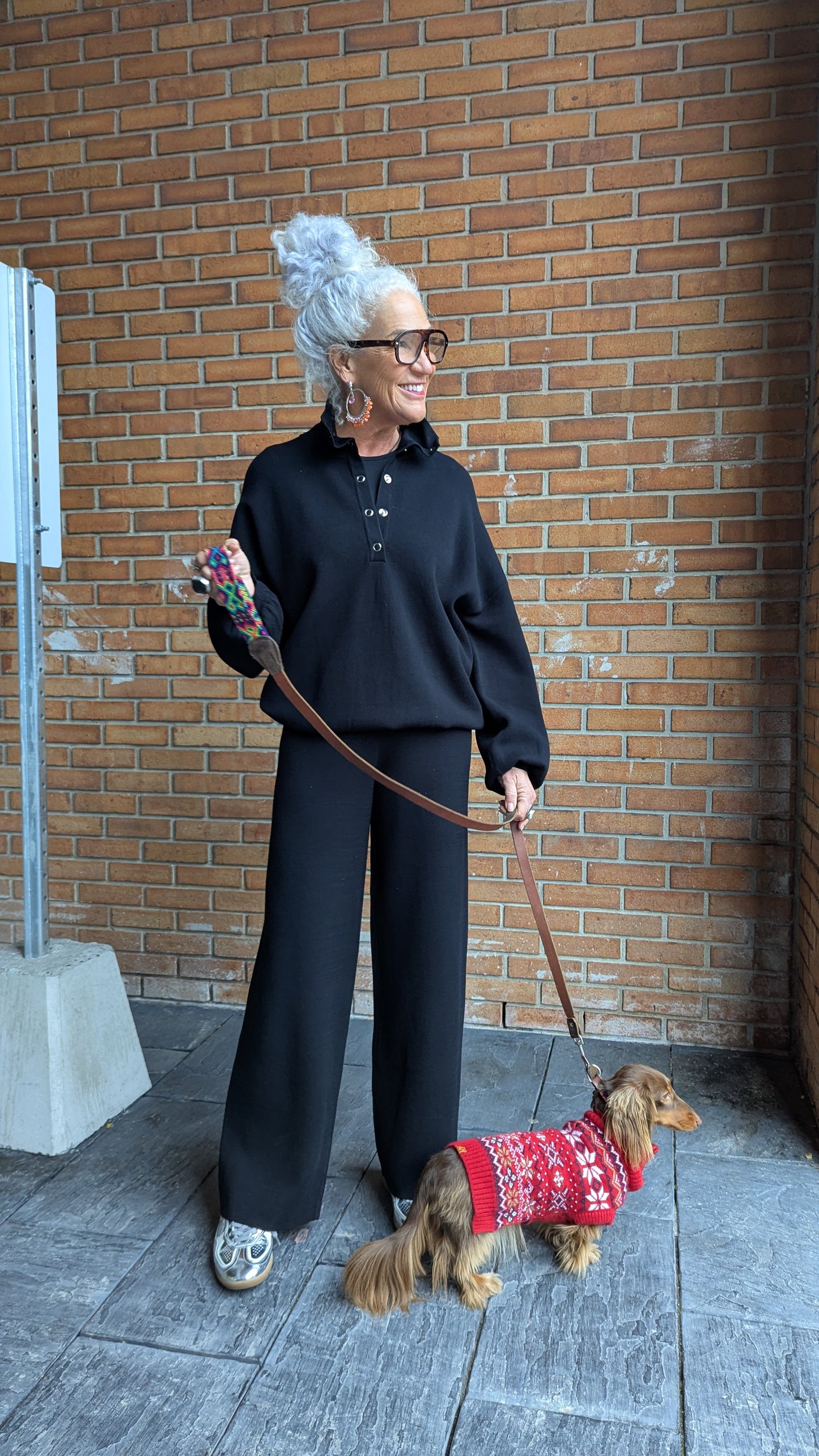 2 pc black knit silver snap detail sweater and wide leg pant set