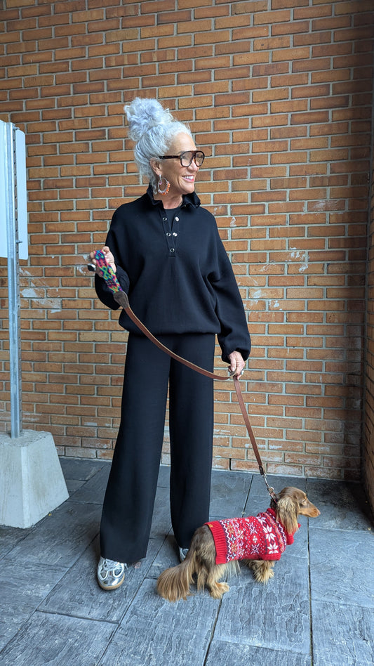 2 pc black knit silver snap detail sweater and wide leg pant set