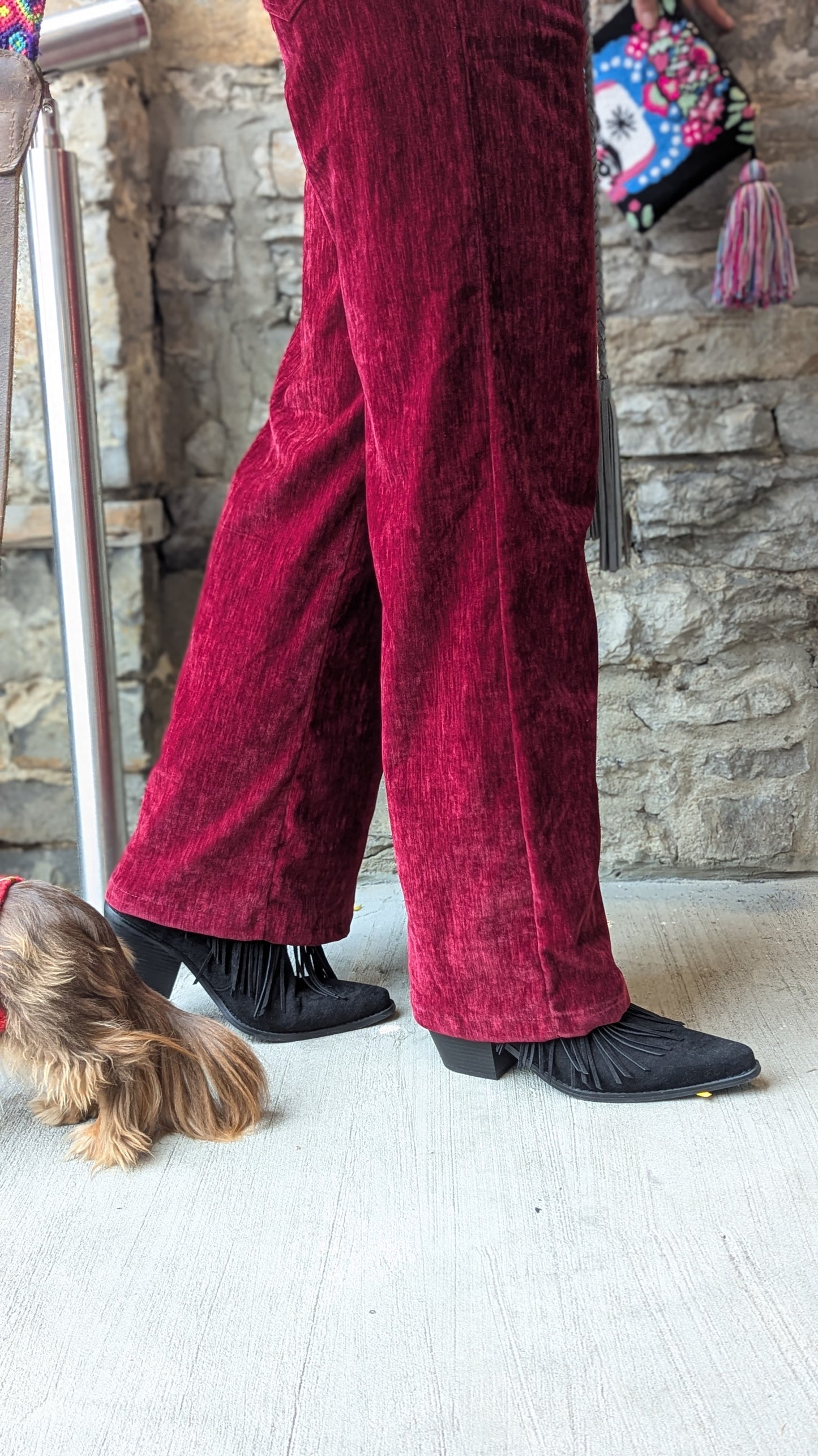 Red Faux Crushed Velvet pants with Pockets