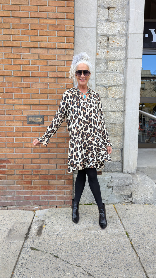 Animal Print Short Tiered Tunic Dress Brown Black Ivory