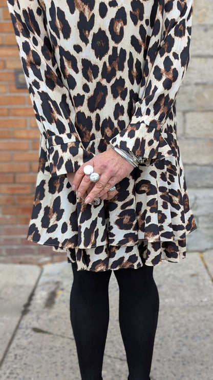 Animal Print Short Tiered Tunic Dress Brown Black Ivory