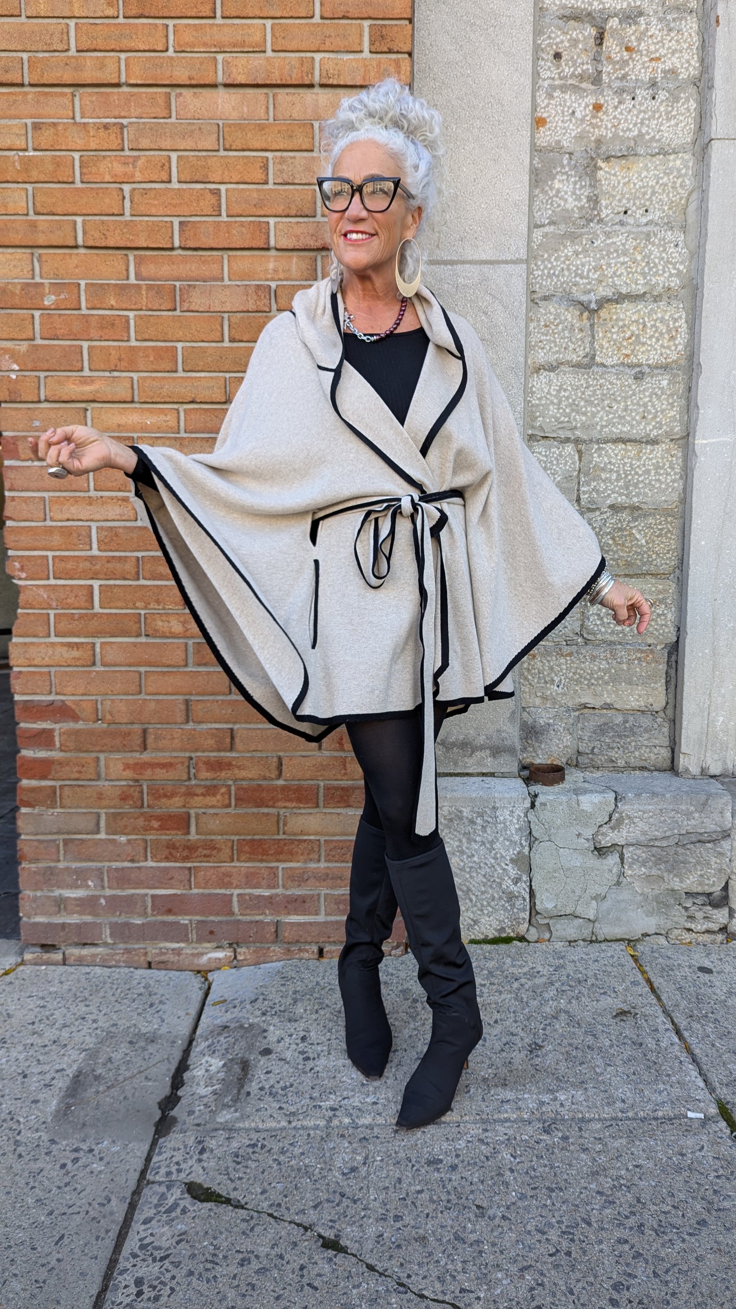 Cashmere Knit Poncho - Ivory with Black Trim