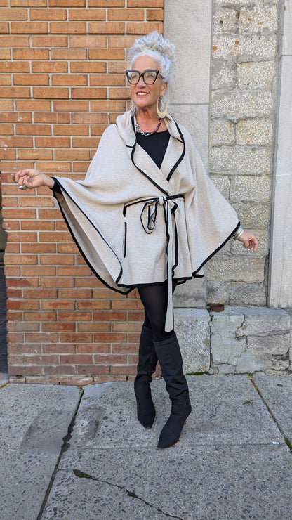 Cashmere Knit Poncho - Ivory with Black Trim