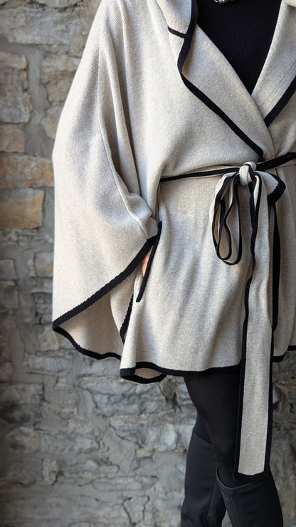 Cashmere Knit Poncho - Ivory with Black Trim