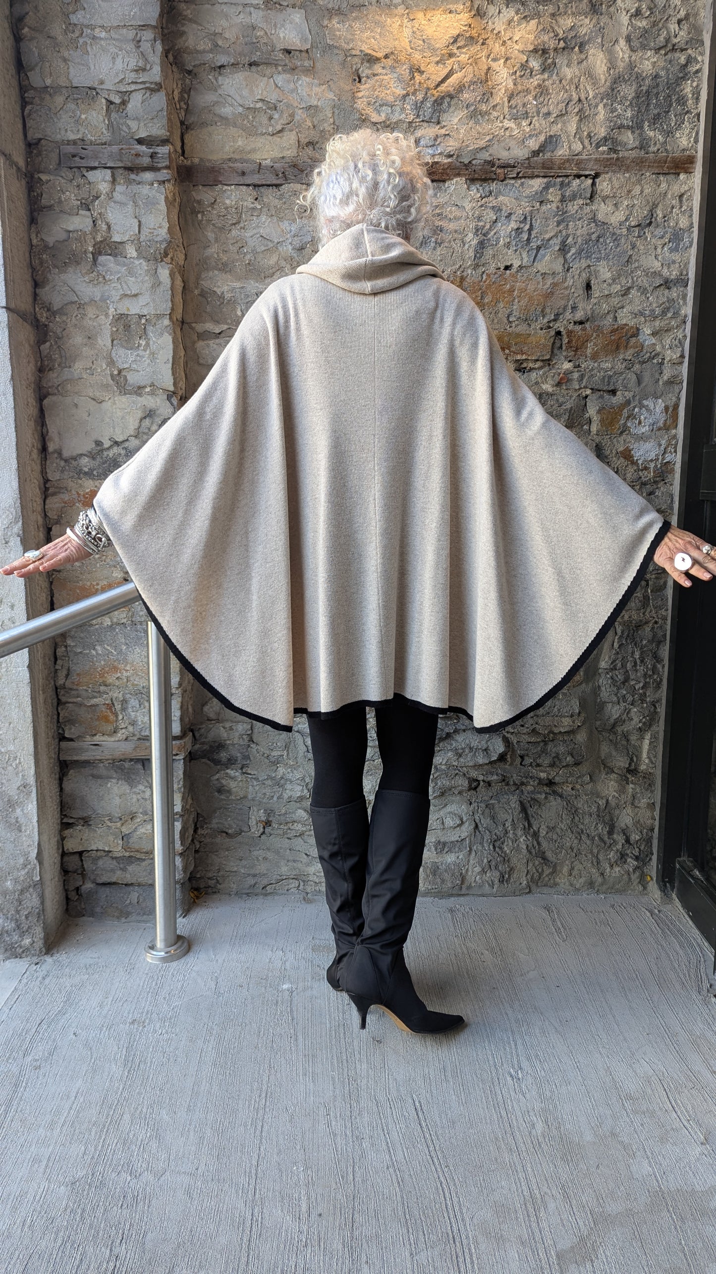 Cashmere Knit Poncho - Ivory with Black Trim