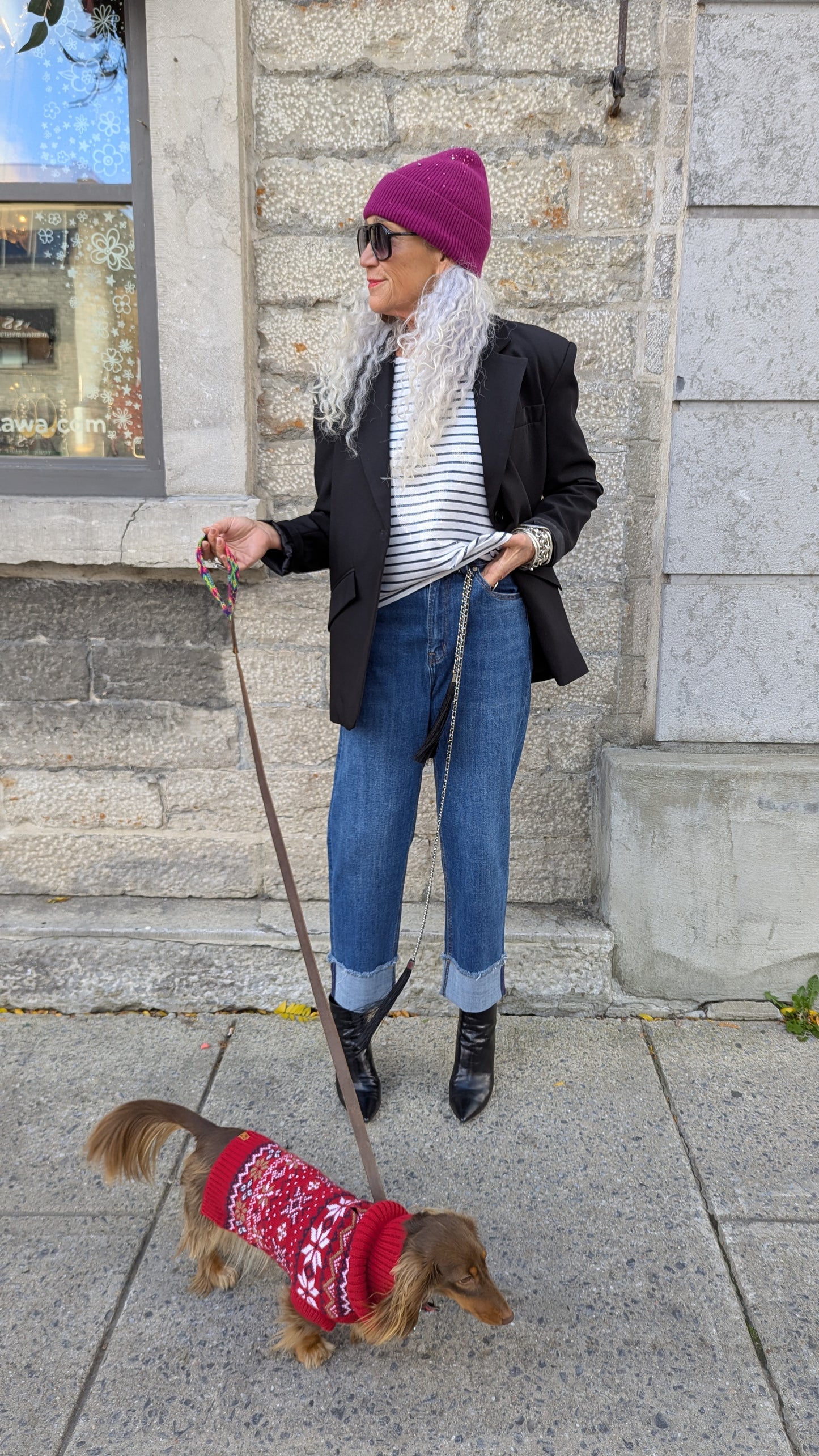Sequin Stripe Long Sleeve Top- Dark Navy and White